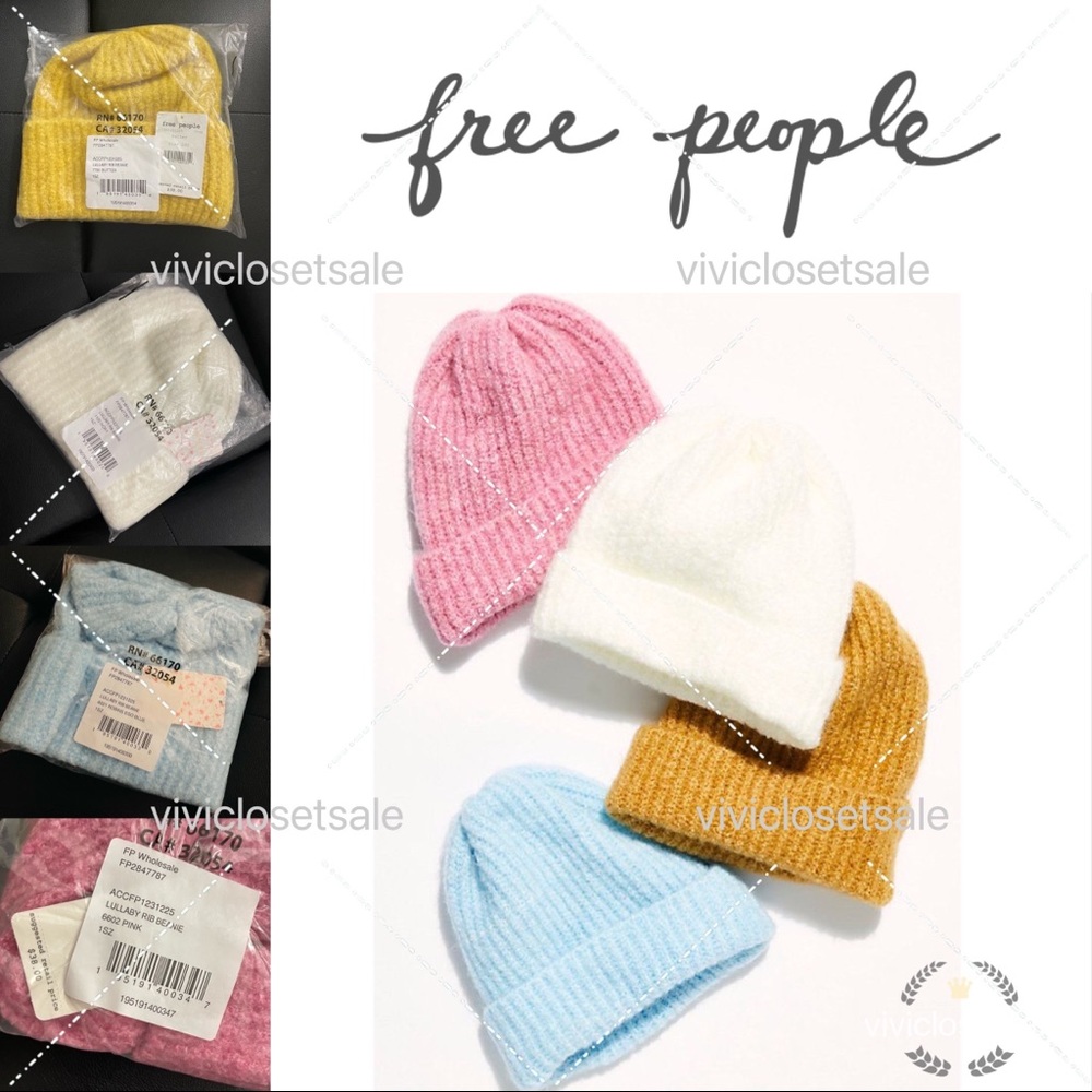 NWT✨BUNDLE OF 3✨FREE PEOPLE Lullaby Rib Beanie pink/white/blue/yellow